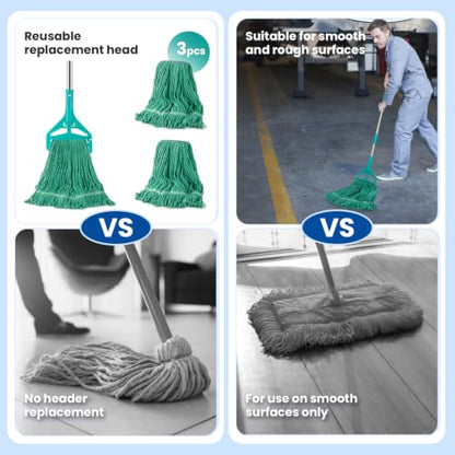 Commercial Mop with 3 Replacement Heads & 1 Handles, 64" Long Handle Heavy Duty Industrial Wet String Cotton Mop, for Concrete/Tile/Garage Floors-Home, Kitchen
