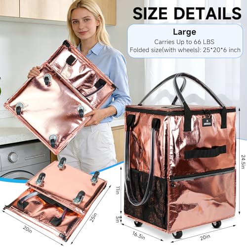 Large Reusable Grocery Bag On 5 Wheels, 130L Foldable Rolling Tote Bag - color: Rose Gold, size: Large