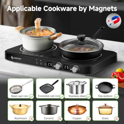 AMZCHEF Double Induction Cooktop with Removable Griddle Pan Non-stick,Black - color: Black