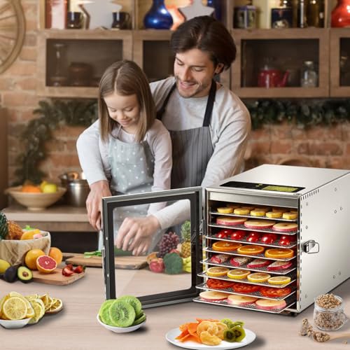 Cercker Food-Dehydrator Machine 8 Stainless Steel Trays, 500W Jerky Dehydrator for Meat, 190ºF Mushroom Dryer, 24H Timer Fruits Dryer for Herbs, Veggies, Yogurt & Dog Treats - size: 8 trays