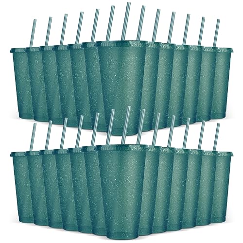 24 Pack Plastic Tumblers With Lids and Straws, Reusable Colorful Cups for Parties, Birthdays, Iced Coffee, Travel Mug, Cold Drinks (24 oz, Dark Green) - color: Dark Green-24pcs