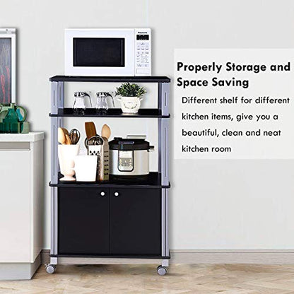 Giantex Rolling Kitchen Bakers Rack Microwave Oven Stand Utility Cart Multifunctional Display Shelf on Wheels with 2-Tier Shelf and Cabinet Spice Organizer for Kitchen Dining Room Furniture (Black) - color: Black