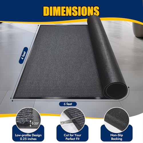 Extra Large Indoor/Outdoor Entrance Mat - 4 x 6 Feet, Rubber Border Door Mat Heavy Duty, Waterproof, Low-Profile, Easy to Clean, Rubber Entry Mat, Commercial Floor Mat, Charcoal Grey - size: 4 x 6 Feet