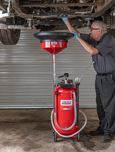 Lincoln 3639 25 Gallon Fluid Drain and Evacuator Tank Combo, 51-76" Adjustable Funnel Height, Built-in Safety Valve, 7' Discharge and 6.5' Evacuation Hoses, 6 Evacuation Wands, Fluid Level Sight Gauge