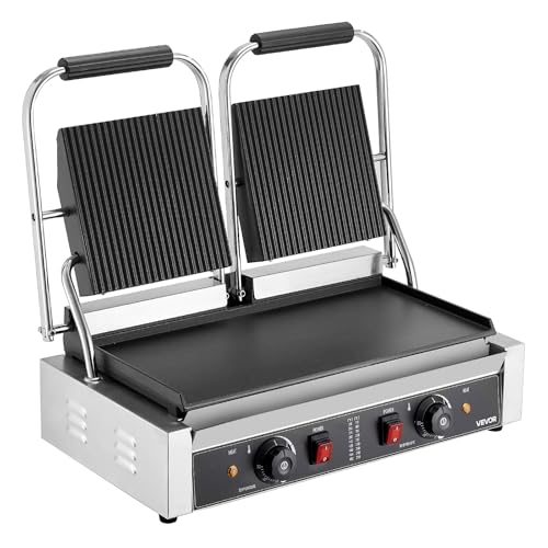 VEVOR Commercial Panini Grill, 3600W Electric Sandwich Panini Maker, Stainless Steel Double Sandwichs Press Grill with Handle and Temp Control, 19x9 in Flat Enamel Plate for Hamburger Steak Bacon