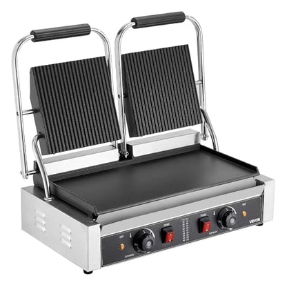 VEVOR Commercial Panini Grill, 3600W Electric Sandwich Panini Maker, Stainless Steel Double Sandwichs Press Grill with Handle and Temp Control, 19x9 in Flat Enamel Plate for Hamburger Steak Bacon