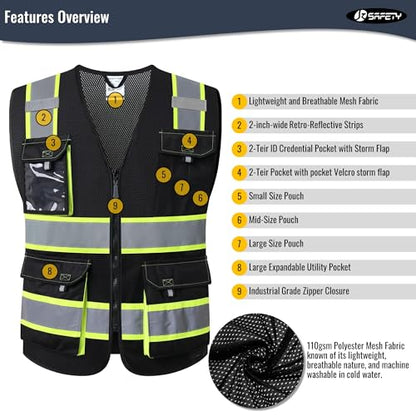JKSafety Safety Vest for Men Women Hi Vis Reflective Vest JK220 Black XL - color: Jk220-black, size: X-Large