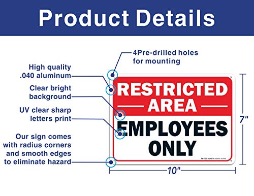 Faittoo Restricted Area Employees Only Sign, 10 x 7 Inches .40 Rust Free Aluminum, UV Protected, Weather Resistant, Waterproof, Durable Ink, Easy To Mount - color: Red/Black on White, Restricted Area Employees Only Sign - 1 Pack, size: 10" x7" x 0.04" Met