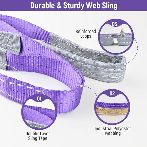 2-Pack 1Inches x 3.3Ft 2-Ply Twisted Eye & Eye Polyester Lifting Sling, Lifting Slings 2204lbs Webbing Sling, Heavy Duty Lift Sling Web for Industrial Shop Use, Hoist, Tree Stumps