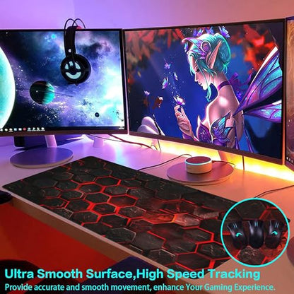 Large Gaming Mouse Pad for Desk,Red Honeycomb Science Technology Desk Mat,Honeycomb Hexagon Desk Pad,Extended Big Computer Keyboard Mouse Pad with Non-Slip Base Stitched Edges 35.4"x15.7" - color: Red Honeycomb Science Technology, size: 15.7" x 35.4"