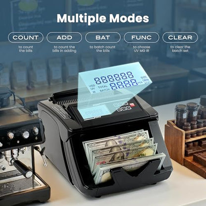 BODIOO Professional Money Counter Machine with UV/MG/IR/DD Detection, High-Speed 1000 Bills per Minute, USD and EUR Support, External LCD Display,Black