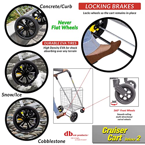 dbest Products Cruiser Cart Deluxe 2 Germ Guard Bundle Shopping Handle Grocery Rolling Folding Laundry Basket on Wheels Foldable Utility Trolley Compact Lightweight Collapsible - color: Silver, style: Deluxe 2 Germ Guard Bundle
