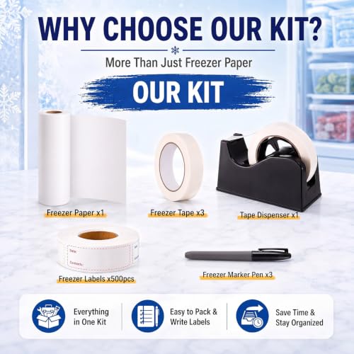 Resurhang Freezer Paper Roll 17in x 300ft, Freezer Tape Dispenser with 3 Rolls Tape, Food Labels, Markers, Low Temperature Resistance for Refrigerators Food Storage Organization(White) - color: White