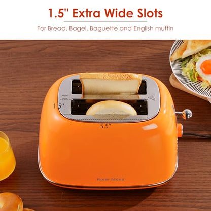 Roter Mond 2 Slice Toaster Retro Stainless Steel with Bagel, Cancel, and Defrost Functions, 6 Bread Shade Settings, Extra Wide Slots and Removable Crumb Tray, Orange - color: Orange
