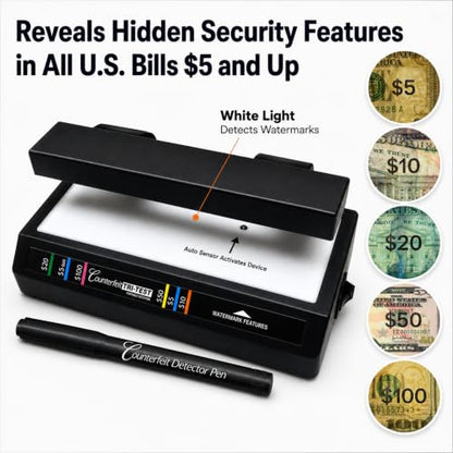 Dri Mark Tri Test - Counterfeit Bill Detector Machine w/AC Adapter - 3 Tests in 1 - Paper, Security Strip and Watermark Tests, Accurate Money Tester Machine with Counterfeit Detection Pen - style: 1 Tri Test