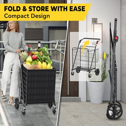 XINGLANG Heavy Duty Folding Shopping Cart – 5.0 Cu Ft, 480 lbs Capacity, Double Basket & Removable Waterproof Liner, 360° Swivel Wheels with Brakes, Adjustable & Rotating Handle for Laundry & Grocery - size: Extra Large