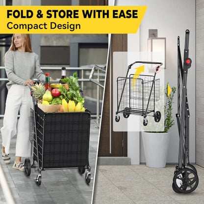 XINGLANG Heavy Duty Folding Shopping Cart – 5.0 Cu Ft, 480 lbs Capacity, Double Basket & Removable Waterproof Liner, 360° Swivel Wheels with Brakes, Adjustable & Rotating Handle for Laundry & Grocery - size: Extra Large