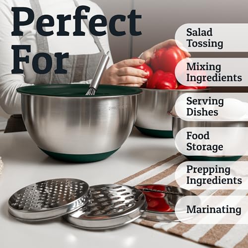 Priority Chef Stainless Steel Mixing Bowls with Lids Set, 3 Grater Attachments, Airtight Lids, Non-Slip Silicone Base Mixing Bowl Set, Large Prep Metal Mixing Bowls for Kitchen, Green - color: Green