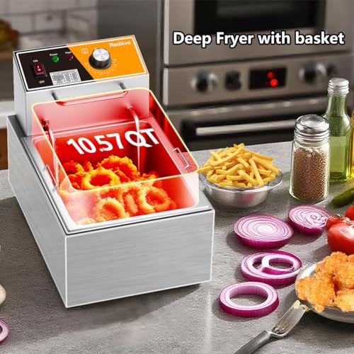 Electric Deep Fryer 10L/10.5QT Stainless Steel Single Tank Commercial Fryer with Basket, 1700W 110V Countertop Deep Fryer for Home Kitchen and Restaurant Use with Oil Thermometer & Temperature Control - size: R-81S