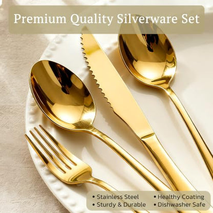Astercook 25-Piece Gold Silverware Set with Steak Knives, Flatware Tableware Set for 4, Great Food-Grade Stainless Steel Cutlery Set, Mirror Polished Dining Utensils Set, Perfect for Home Restaurant