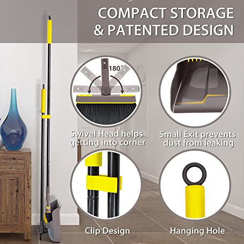 JEHONN Broom with Dustpan Combo Set, Long Handle Lightweight 180 Degree Rotating Sweeping Brush Indoor, Upright Standing Dust Pan with Comb Teeth for Home Room Kitchen Office Lobby (Brown Yellow) - color: Brown Yellow