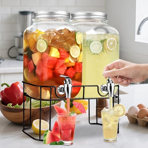 2 Gallon Glass Drink Dispensers For Parties，Lemonade Beverage Dispenser With Stand And Spigot For BBQ, Picnic, Party,Laundry Detergent Dispenser - size: 2 Gallon Double With Stand