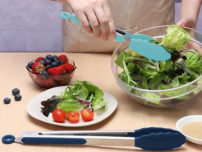 HOTEC Premium Stainless Steel Locking Kitchen Tongs with Silicon Tips, Set of 3-7", 9" and 12" (Gradient Blue) - color: Gradient Blue:12+9+7inch