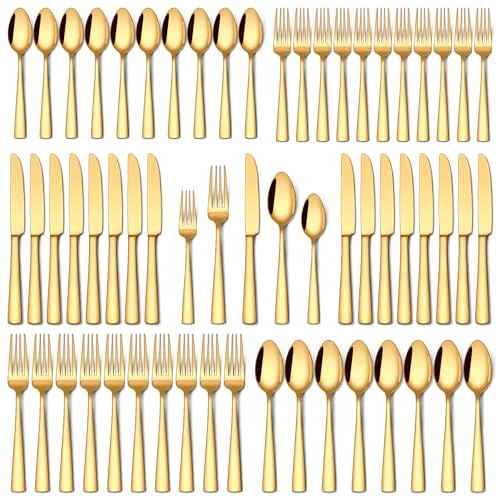 Stapava 60 Pcs Gold Silverware Set, Food-Grade Stainless Steel Flatware Sets for 12 Mirror Polished Cutlery Utensil Sets Include Dinner Knives Spoons and Forks Set Dishwasher Safe for Home Restaurant - color: Gold