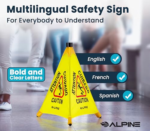 Alpine Caution Wet Floor Sign 6 Pack - Pop Up Slippery When Wet Sign, Wall Mounted Foldable Bilingual Yellow Safety Warning Caution Cone for Commercial & Office Use (20 Inches) - size: 6-Pack