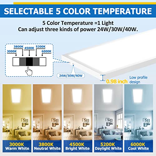 Allsmartlife 1x4FT LED Flat Panel Light Surface Mount, 24W/30W/40W, 4980LM Dimmable 5CCT 3000K-6000K, Edge-Lit Troffer Ceiling Light Fixture for Kitchen, White 2-Pack