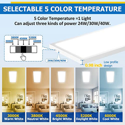 Allsmartlife 1x4FT LED Flat Panel Light Surface Mount, 24W/30W/40W, 4980LM Dimmable 5CCT 3000K-6000K, Edge-Lit Troffer Ceiling Light Fixture for Kitchen, White 2-Pack
