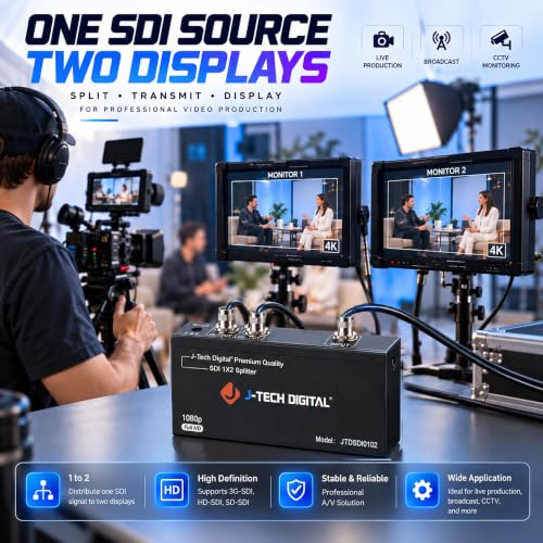 J-Tech Digital SDI Splitter | 1 Input, 2 Outputs | Supports up to 1320ft. | Compatible with SD, HD, 3G-SDI for Cameras, Monitors [JTDSDI0102] - size: 1x2