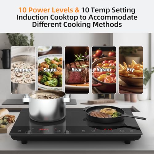 Double Induction Cooktop, Nuopuplai Induction Cooker 2 Countertop Burners, Independent Control With 1800W Sensor Touch,10 Temperature & Power Levels,3-hour Timer,Safety Lock For Cooking