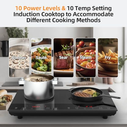 Double Induction Cooktop, Nuopuplai Induction Cooker 2 Countertop Burners, Independent Control With 1800W Sensor Touch,10 Temperature & Power Levels,3-hour Timer,Safety Lock For Cooking