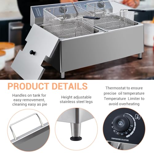 Commercial Electric Deep Fryer, 11L(11.55Qt) Double Removable Basket and Lid Stainless Steel Fast Heat Up Electric Countertop Fryer for Home and Commercial Restaurant Use, 304SS - size: 11L+11L 304