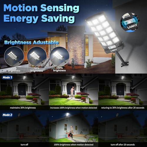 LANGY Solar Street Lights Outdoor 4 Pack, 30000LM 6500K Motion Sensor Dusk to Dawn, IP66 Waterproof LED Flood Security Lights with Remote Control for Parking Lot, Driveway, Garden, Yard - size: 4PACK 30000LM