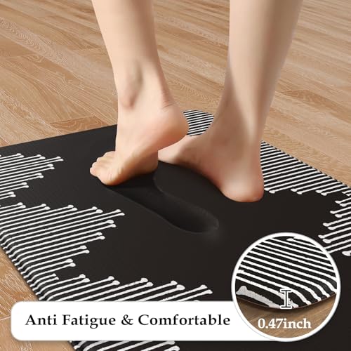 KIMODE Anti Fatigue Kitchen Mats,Black Boho Kitchen Rugs,Standing Desk Mats - color: Black Diamond, size: 17.3" x 47"+17.3" x 29"--0.47 inches