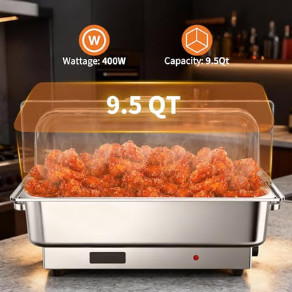 9 Qt Electric Chafing Dish Buffet Set, Stainless Steel Food Warmer with Roll Top Clear Lid, Adjustable Temperature Control, 1x1/1 Size Pans, Commercial Buffet Server for Catering, Parties & Events - size: 1x1/1 Size