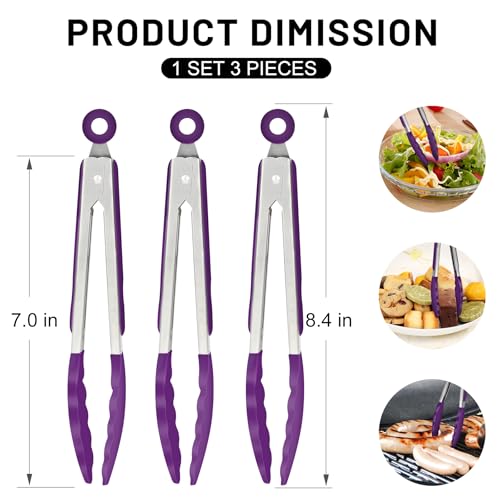 HOTEC Small Silicone Kitchen Tongs 7-Inch Mini Serving Tongs, Set of 3 - color: Purple