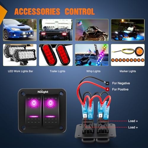 Nilight 2 Gang Rocker Switch Panel w/Purple LED Light 5Pin On Off Pre-Wired - color: Purple, size: 2 Gang