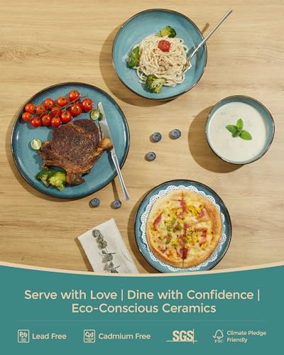 Pokini Stoneware Dinnerware Sets for 8, 32Pcs Ceramic Plates and Bowls Sets - color: Green Black, size: Set (32pcs)
