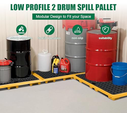 2 Drum Spill Containment Pallet Platform with Drain 18.5 Gallon Sump 51.2x27.2x5.9in 2645 lbs Load Capacity Forkliftable Low Profile Spill Pallet LDPE Containment Tray for Industrial Storage - size: 2 Drum