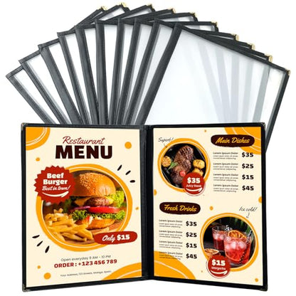 10 Pack Menu Covers 8.5 x 11", 2 Page 4 View Clear Menu Holders - size: 2 Page