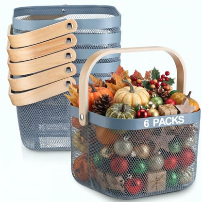 Roshtia 6 Pcs Metal Mesh Basket with Handle Garden Basket for Picking Fruit - color: Blue, size: 9.65 x 9.65 x 7.09 Inch