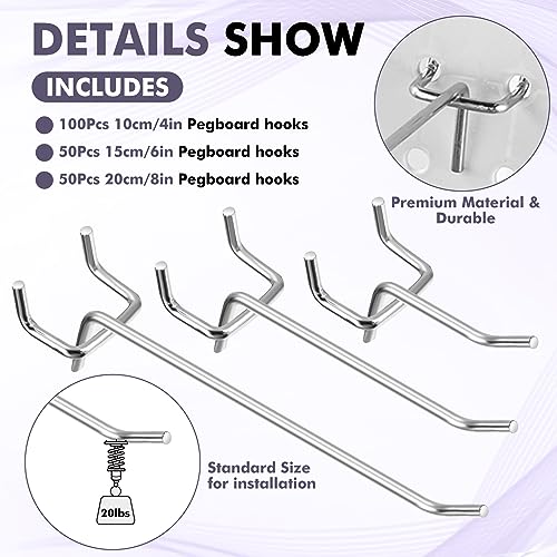 Hicarer 200 Pcs Stainless Steel Pegboard Hooks Multiple Sizes Fit 1/4" or 1/8" Pegboard Ideal for Garage Tool Organization, Wall Storage(4 Inch, 6 Inch, 8 Inch) - size: 4 Inch, 6 Inch, 8 Inch