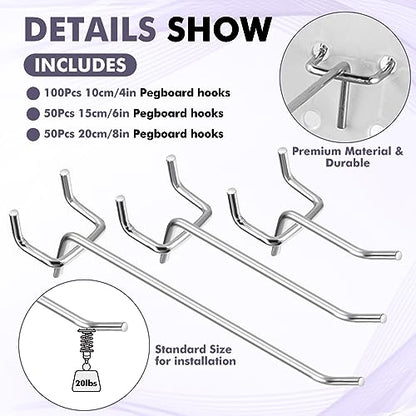 Hicarer 200 Pcs Stainless Steel Pegboard Hooks Multiple Sizes Fit 1/4" or 1/8" Pegboard Ideal for Garage Tool Organization, Wall Storage(4 Inch, 6 Inch, 8 Inch) - size: 4 Inch, 6 Inch, 8 Inch