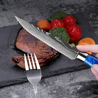 SENKEN Professional 6-Piece Steak Knife Set with Engraved Damascus Pattern, Razor Sharp Blade, High Carbon Steel with Gift Box (Blue) - color: Cerulean Blue