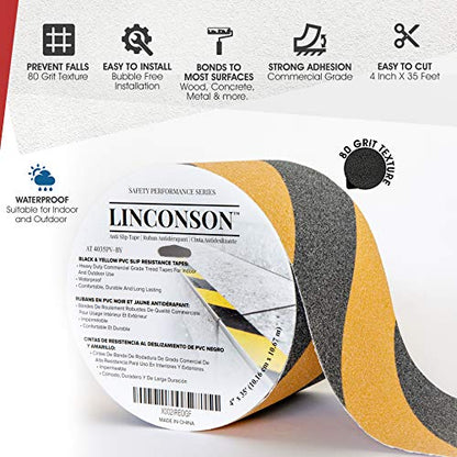 linconson 4 Inch x 35 Feet Anti Slip Grip Tape & Slip Resistant Stairs Tread/Step Non Slip Traction Adhesive Roll Commercial Grade Extreme Friction & Traction Indoor & Outdoor-Black & Yellow - size: 4 Inch x 35 Feet
