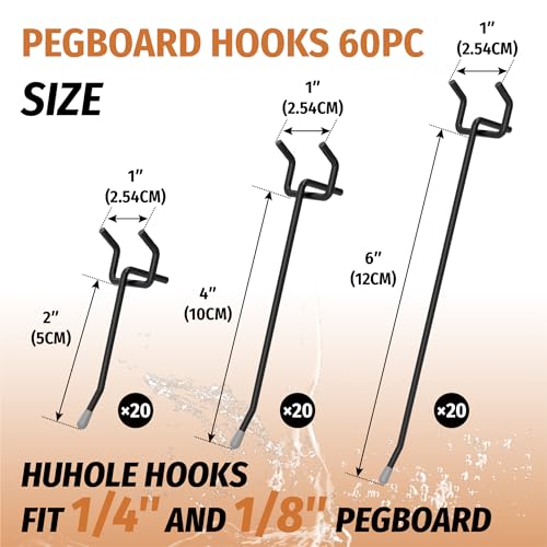 HUHOLE 60PC Black Pegboard Hooks, 2 4 6 Inch Metal Hangers - color: Black, size: 2+4+6 Inch