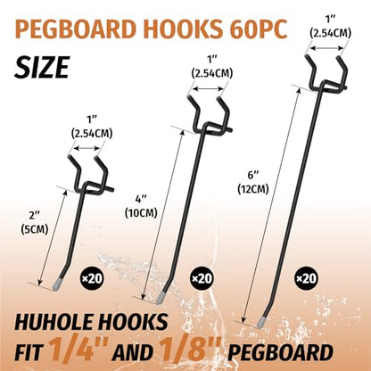 HUHOLE 60PC Black Pegboard Hooks, 2 4 6 Inch Metal Hangers - color: Black, size: 2+4+6 Inch